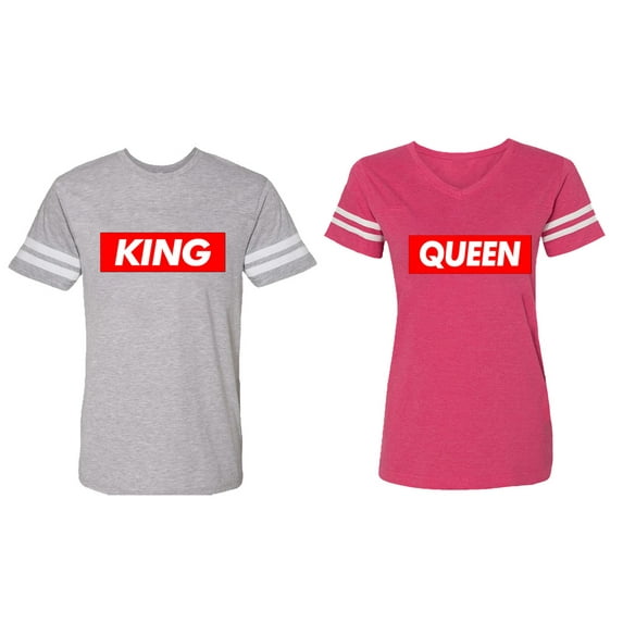King Queen Hip Hop Matching Couple Cotton Jerseys (Men Heather / Women Pink) (Men XL / Women S)