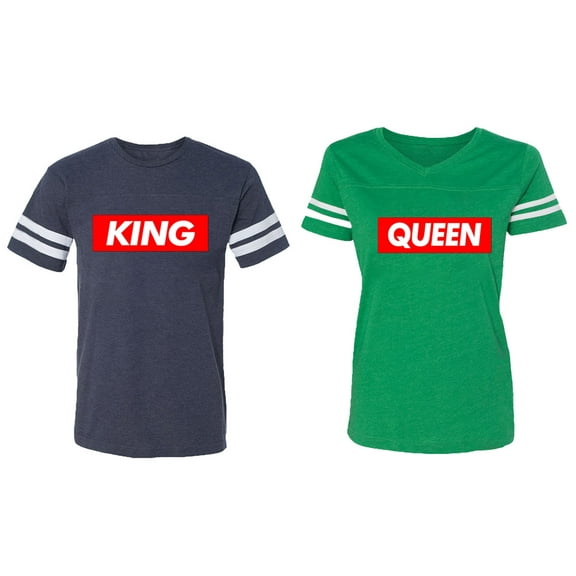 King Queen Hip Hop Matching Couple Cotton Jerseys (Men Navy / Women Green) (Men L / Women L)