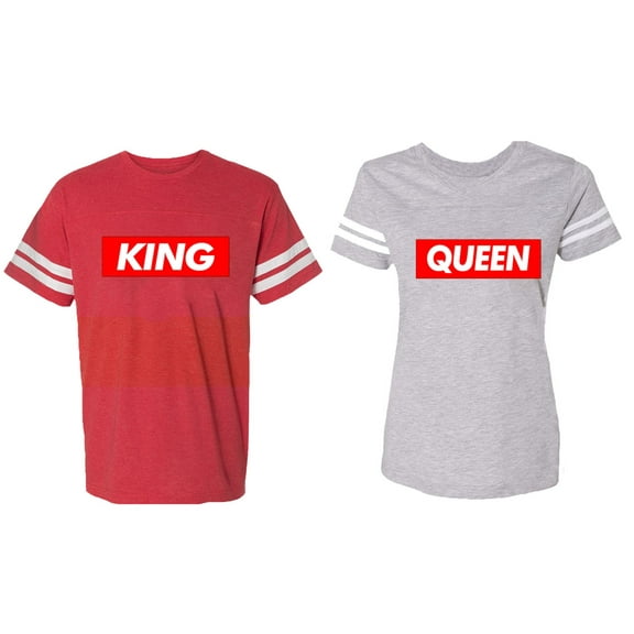 King Queen Hip Hop Matching Couple Cotton Jerseys (Men Red / Women Heather) (Men XL / Women XXL)