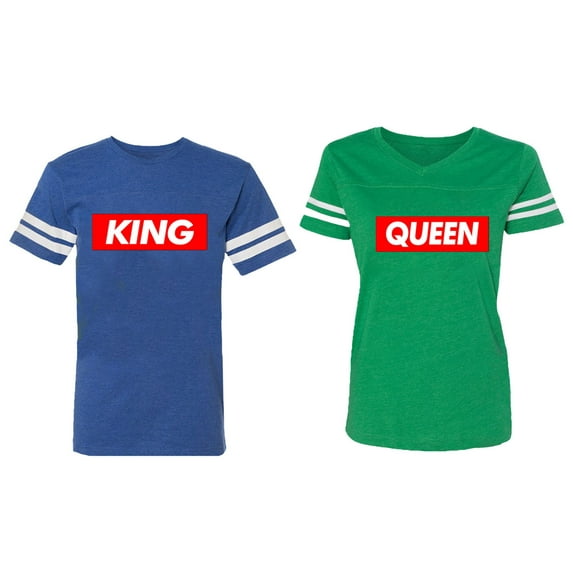 King Queen Hip Hop Matching Couple Cotton Jerseys (Men Royal / Women Green) (Men XL / Women XXL)