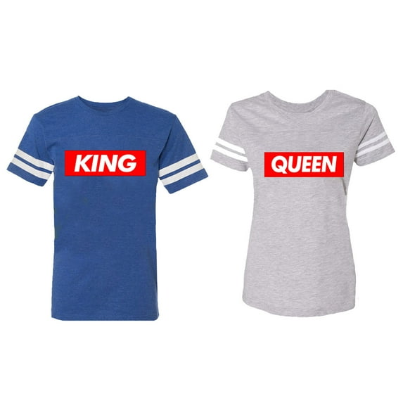 King Queen Hip Hop Matching Couple Cotton Jerseys (Men Royal / Women Heather) (Men L / Women XXL)