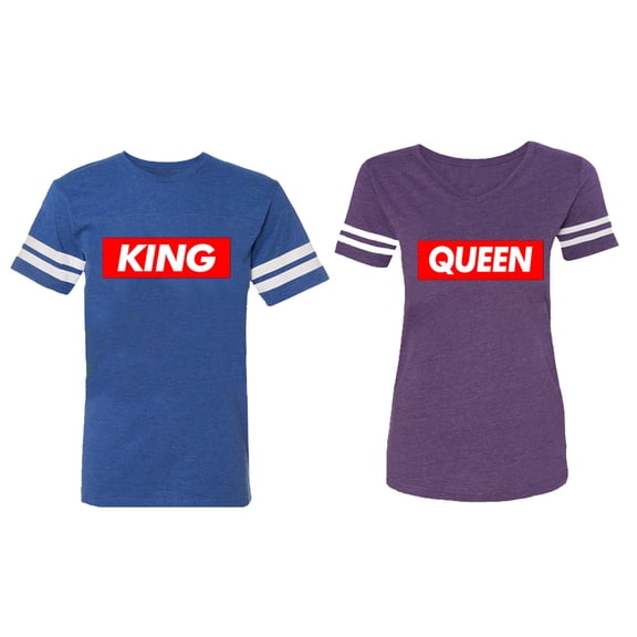 King Queen Hip Hop Matching Couple Cotton Jerseys (Men Royal / Women Purple) (Men S / Women L)