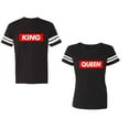 thumbnail image 1 of King Queen Hip Hop Unisex Couple Matching Cotton Jersey style T-Shirt Contrasting stripes on sleeves (Men Black / Women Black) (Men L / Women L), 1 of 3