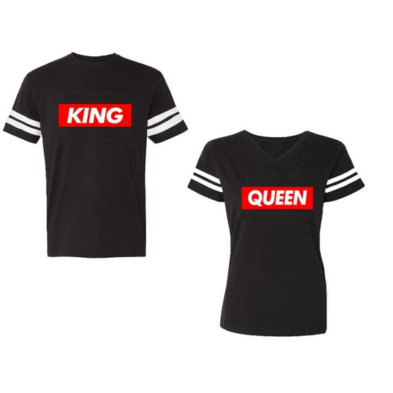 King Queen Hip Hop Unisex Couple Matching Cotton Jersey style T-Shirt Contrasting stripes on sleeves (Men Black / Women Black) (Men S / Women L)