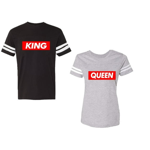 King Queen Hip Hop Unisex Couple Matching Cotton Jersey style T-Shirt Contrasting stripes on sleeves (Men Black / Women Heather) (Men XL / Women XXL)