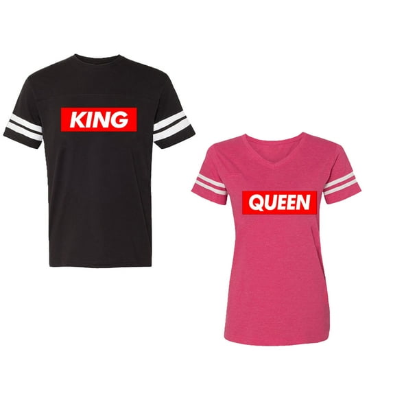 King Queen Hip Hop Unisex Couple Matching Cotton Jersey style T-Shirt Contrasting stripes on sleeves (Men Black / Women Pink) (Men L / Women S)