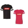 thumbnail image 1 of King Queen Hip Hop Unisex Couple Matching Cotton Jersey style T-Shirt Contrasting stripes on sleeves (Men Black / Women Red) (Men XL / Women XXL), 1 of 3