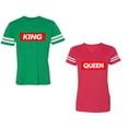 thumbnail image 1 of King Queen Hip Hop Unisex Couple Matching Cotton Jersey style T-Shirt Contrasting stripes on sleeves (Men Green / Women Red) (Men L / Women XXL), 1 of 3