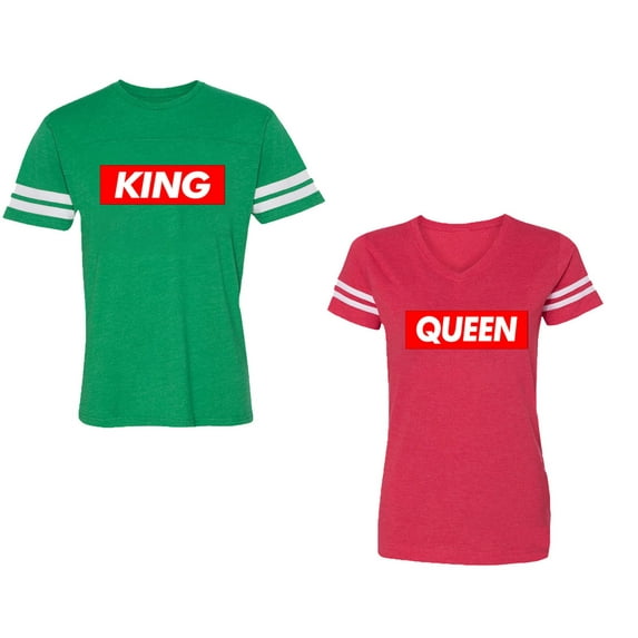 King Queen Hip Hop Unisex Couple Matching Cotton Jersey style T-Shirt Contrasting stripes on sleeves (Men Green / Women Red) (Men L / Women XXL)