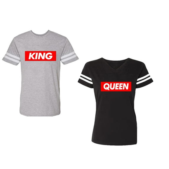 King Queen Hip Hop Unisex Couple Matching Cotton Jersey style T-Shirt Contrasting stripes on sleeves (Men Heather / Women Black) (Men L / Women L)