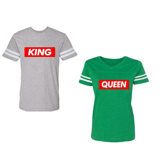 King Queen Hip Hop Unisex Couple Matching Cotton Jersey style T-Shirt Contrasting stripes on sleeves (Men Heather / Women Green) (Men S / Women L)