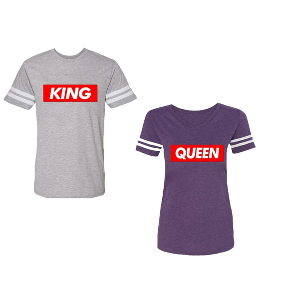King Queen Hip Hop Unisex Couple Matching Cotton Jersey style T-Shirt Contrasting stripes on sleeves (Men Heather / Women Purple) (Men XL / Women M)