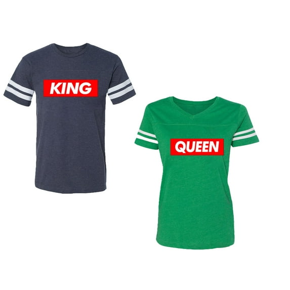 King Queen Hip Hop Unisex Couple Matching Cotton Jersey style T-Shirt Contrasting stripes on sleeves (Men Navy / Women Green) (Men M / Women M)