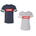 thumbnail image 1 of King Queen Hip Hop Unisex Couple Matching Cotton Jersey style T-Shirt Contrasting stripes on sleeves (Men Navy / Women Heather) (Men L / Women L), 1 of 3