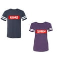 thumbnail image 1 of King Queen Hip Hop Unisex Couple Matching Cotton Jersey style T-Shirt Contrasting stripes on sleeves (Men Navy / Women Purple) (Men L / Women L), 1 of 3