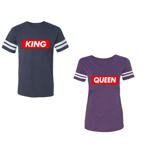 King Queen Hip Hop Unisex Couple Matching Cotton Jersey style T-Shirt Contrasting stripes on sleeves (Men Navy / Women Purple) (Men L / Women XXL)
