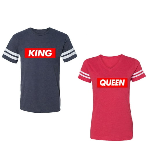 King Queen Hip Hop Unisex Couple Matching Cotton Jersey style T-Shirt Contrasting stripes on sleeves (Men Navy / Women Red) (Men L / Women L)