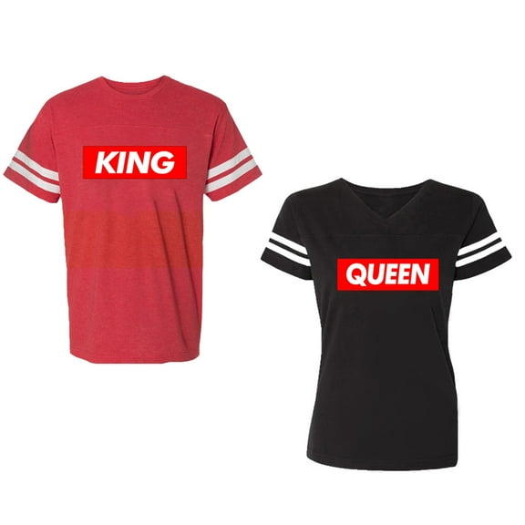 King Queen Hip Hop Unisex Couple Matching Cotton Jersey style T-Shirt Contrasting stripes on sleeves (Men Red / Women Black) (Men S / Women XL)
