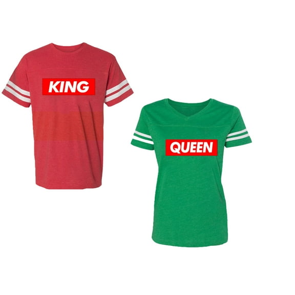 King Queen Hip Hop Unisex Couple Matching Cotton Jersey style T-Shirt Contrasting stripes on sleeves (Men Red / Women Green) (Men S / Women S)