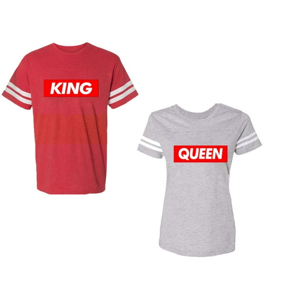 King Queen Hip Hop Unisex Couple Matching Cotton Jersey style T-Shirt Contrasting stripes on sleeves (Men Red / Women Heather) (Men S / Women XL)