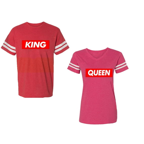 King Queen Hip Hop Unisex Couple Matching Cotton Jersey style T-Shirt Contrasting stripes on sleeves (Men Red / Women Pink) (Men S / Women L)