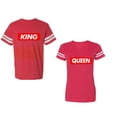 thumbnail image 1 of King Queen Hip Hop Unisex Couple Matching Cotton Jersey style T-Shirt Contrasting stripes on sleeves (Men Red / Women Red) (Men S / Women L), 1 of 3