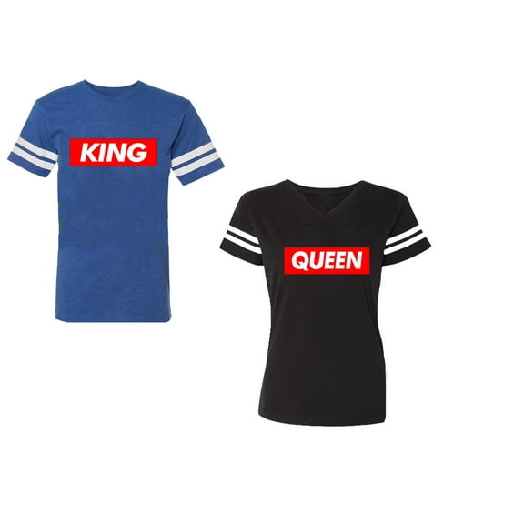 King Queen Hip Hop Unisex Couple Matching Cotton Jersey style T-Shirt Contrasting stripes on sleeves (Men Royal / Women Black) (Men L / Women M)