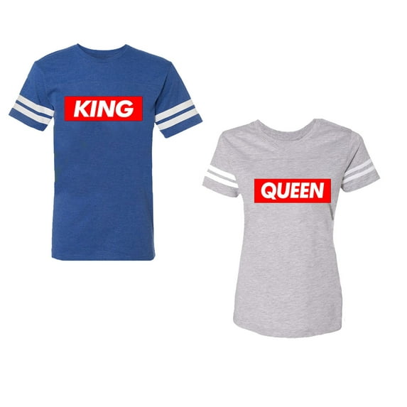 King Queen Hip Hop Unisex Couple Matching Cotton Jersey style T-Shirt Contrasting stripes on sleeves (Men Royal / Women Heather) (Men XL / Women M)