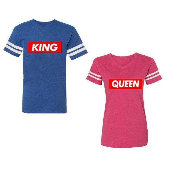 King Queen Hip Hop Unisex Couple Matching Cotton Jersey style T-Shirt Contrasting stripes on sleeves (Men Royal / Women Pink) (Men XXXL / Women XXL)