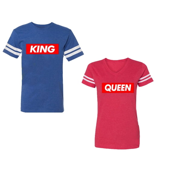King Queen Hip Hop Unisex Couple Matching Cotton Jersey style T-Shirt Contrasting stripes on sleeves (Men Royal / Women Red) (Men XXL / Women M)