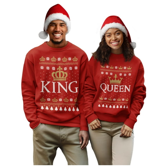 King & Queen Matching His & Hers Crown Ugly Christmas Couples Set Sweatshirt Queen Red Large / King Red X-Large
