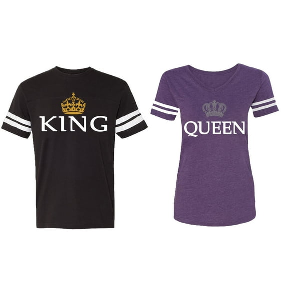 King Queen Old Matching Couple Cotton Jerseys (Men Black / Women Purple) (Men S / Women S)