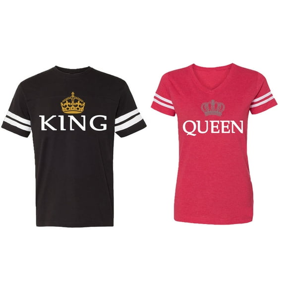King Queen Old Matching Couple Cotton Jerseys (Men Black / Women Red) (Men L / Women L)
