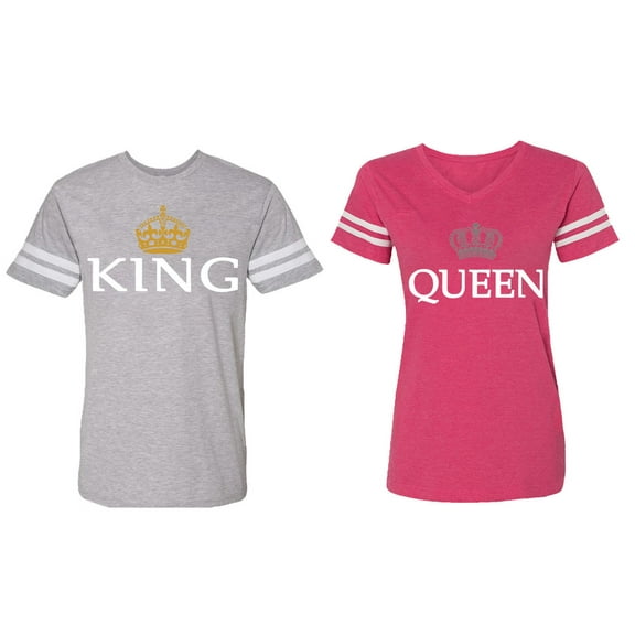 King Queen Old Matching Couple Cotton Jerseys (Men Heather / Women Pink) (Men M / Women XL)