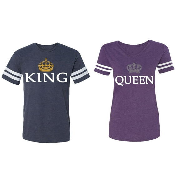 King Queen Old Matching Couple Cotton Jerseys (Men Navy / Women Purple) (Men M / Women M)