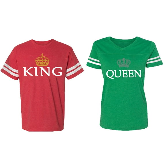 King Queen Old Matching Couple Cotton Jerseys (Men Red / Women Green) (Men XL / Women S)