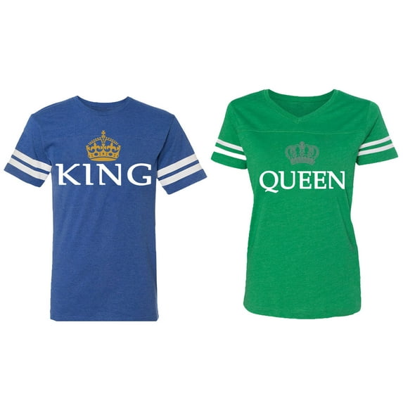King Queen Old Matching Couple Cotton Jerseys (Men Royal / Women Green) (Men M / Women XL)