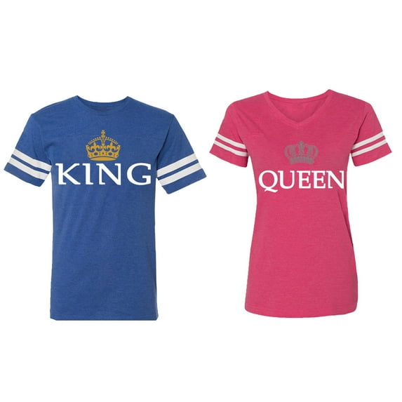 King Queen Old Matching Couple Cotton Jerseys (Men Royal / Women Pink) (Men S / Women L)