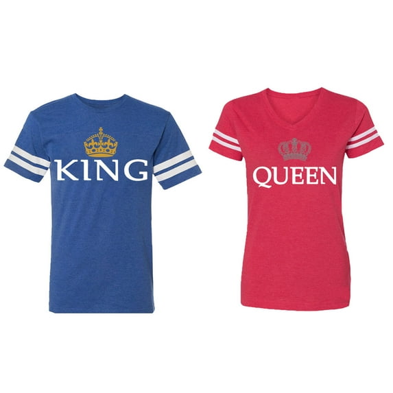King Queen Old Matching Couple Cotton Jerseys (Men Royal / Women Red) (Men XXL / Women S)