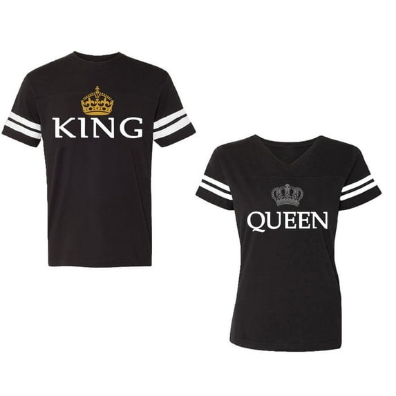 King Queen Old Unisex Couple Matching Cotton Jersey style T-Shirt Contrasting stripes on sleeves (Men Black / Women Black) (Men XXL / Women M)