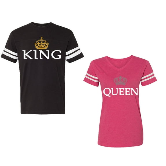 King Queen Old Unisex Couple Matching Cotton Jersey style T-Shirt Contrasting stripes on sleeves (Men Black / Women Pink) (Men S / Women M)