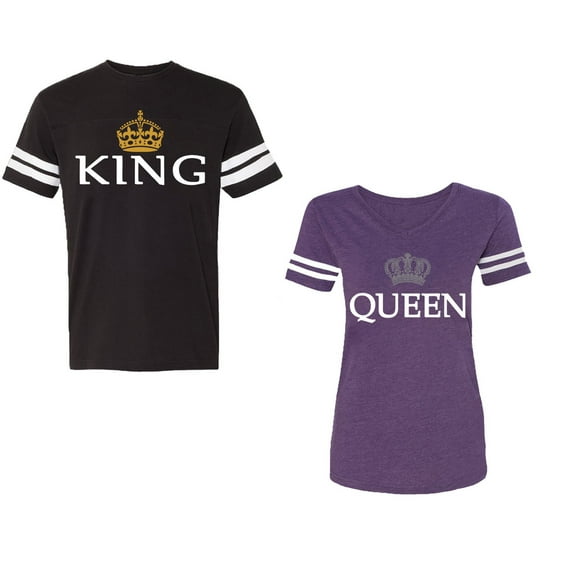 King Queen Old Unisex Couple Matching Cotton Jersey style T-Shirt Contrasting stripes on sleeves (Men Black / Women Purple) (Men L / Women M)