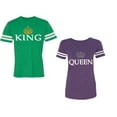 thumbnail image 1 of King Queen Old Unisex Couple Matching Cotton Jersey style T-Shirt Contrasting stripes on sleeves (Men Green / Women Purple) (Men L / Women M), 1 of 3