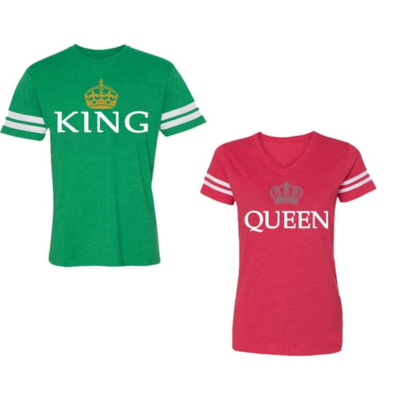 King Queen Old Unisex Couple Matching Cotton Jersey style T-Shirt Contrasting stripes on sleeves (Men Green / Women Red) (Men L / Women S)