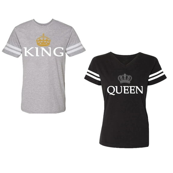 King Queen Old Unisex Couple Matching Cotton Jersey style T-Shirt Contrasting stripes on sleeves (Men Heather / Women Black) (Men S / Women S)