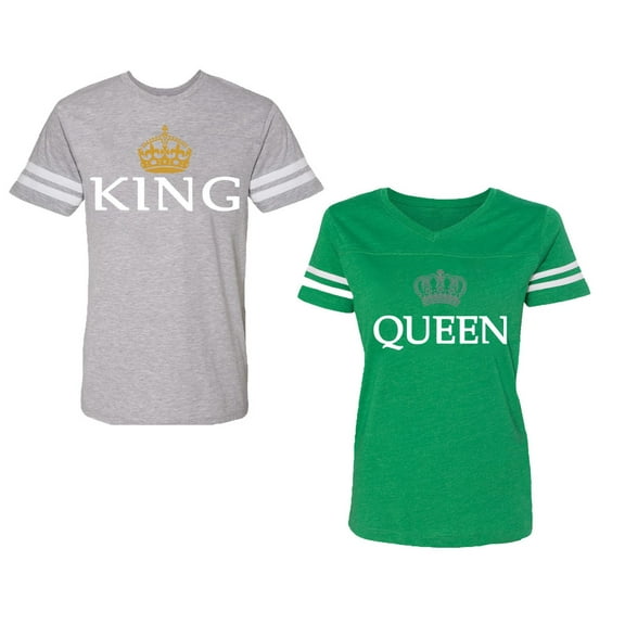 King Queen Old Unisex Couple Matching Cotton Jersey style T-Shirt Contrasting stripes on sleeves (Men Heather / Women Green) (Men S / Women XL)
