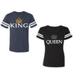 thumbnail image 1 of King Queen Old Unisex Couple Matching Cotton Jersey style T-Shirt Contrasting stripes on sleeves (Men Navy / Women Black) (Men S / Women S), 1 of 3