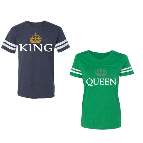 King Queen Old Unisex Couple Matching Cotton Jersey style T-Shirt Contrasting stripes on sleeves (Men Navy / Women Green) (Men S / Women S)