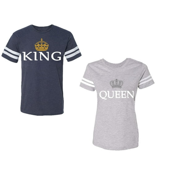 King Queen Old Unisex Couple Matching Cotton Jersey style T-Shirt Contrasting stripes on sleeves (Men Navy / Women Heather) (Men S / Women S)
