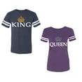 thumbnail image 1 of King Queen Old Unisex Couple Matching Cotton Jersey style T-Shirt Contrasting stripes on sleeves (Men Navy / Women Purple) (Men M / Women L), 1 of 3
